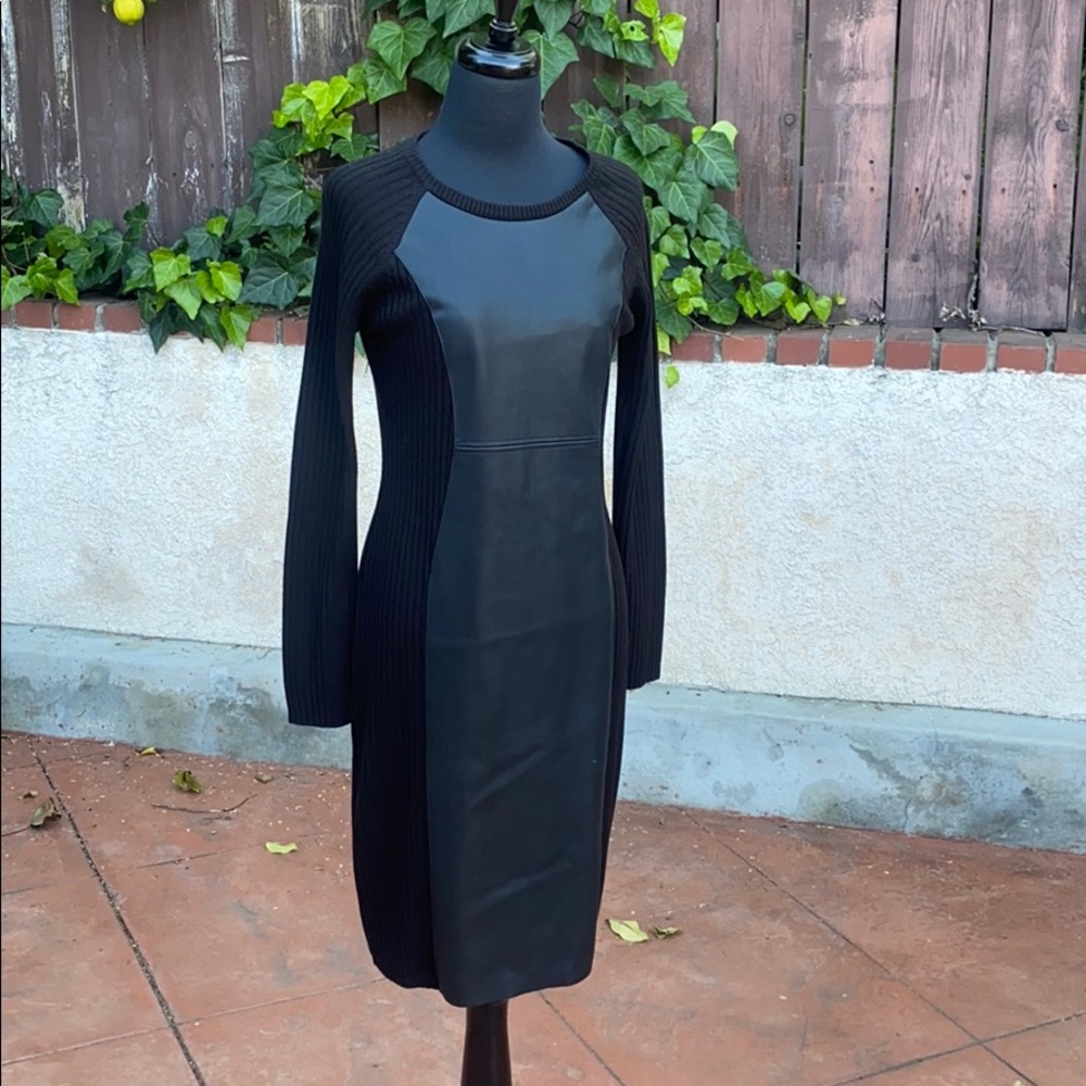 Black knit dress with faux leather detail